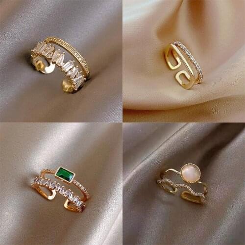 Fashion Metal Irregular Rings Womens TRENDY Emerald Zircon Double Row Alloy Adjustable Opening Rings Jewelry for Girls