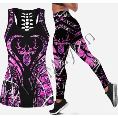 Fashion Animal Deer Hunting Pink Camo Women Hollow Tanktop and Leggings for 3D Print Hipster Leisure Female Sexy Vest Clothes S8
