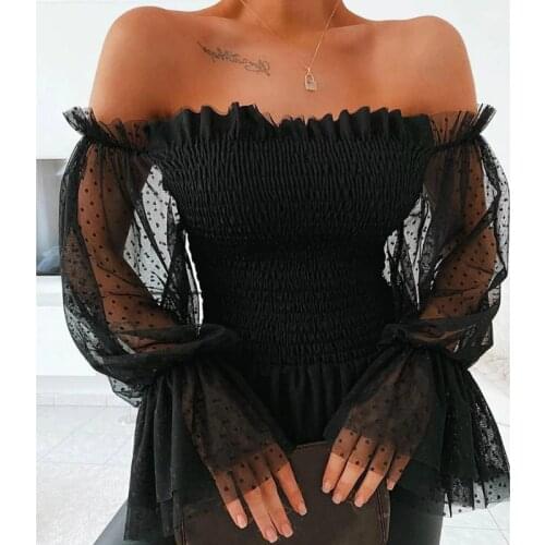 Musuos Lady Elegant Mesh Spliced Ruched Shirt Blouse Party Sexy Off Shoulder Dot Tulle Flare Full Sleeve Slim Elastic Shirt Tops
