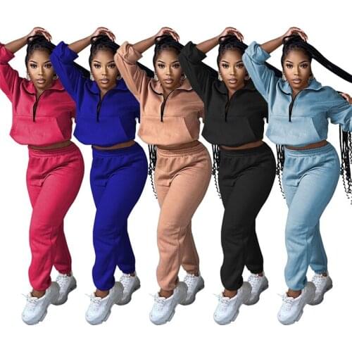 Solid Tracksuit Women Two Piece Set Autumn Clothing Zipper Up Pullover Crop Top and Sweatpants Suits Casual Womens Sets Outfits