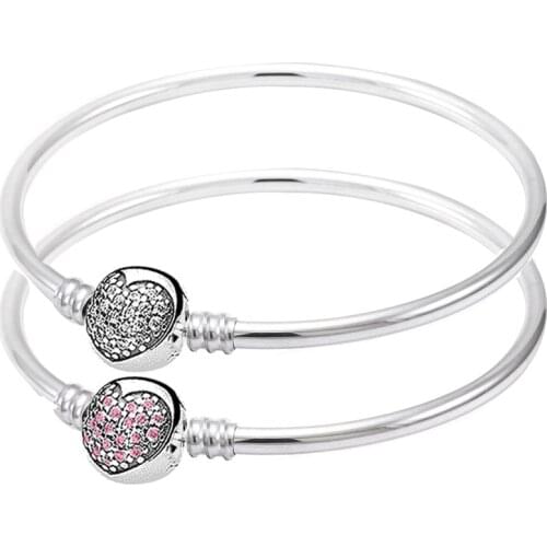 Original Pave Heart With Crystal Circular Clasp Bangle Bracelet Fit 925 Sterling Silver Bead Charm Bangle Diy Pandora Jewelry