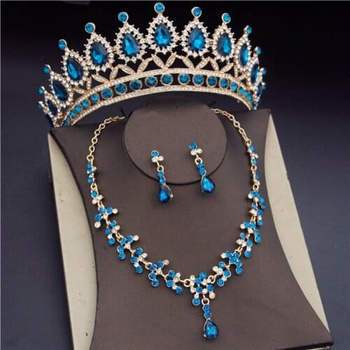 Luxury Blue Crystal Bridal Jewelry Sets for Women Fashion Tiaras Earrings Necklaces Set Wedding Crown Necklace Bride Set
