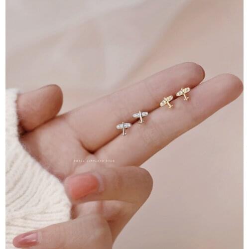 Stylish Exquisite Pave Zircon Mini Aircraft Airplane Small Studs Earrings For Women Girls Elegant Temperament Fashion Jewelry