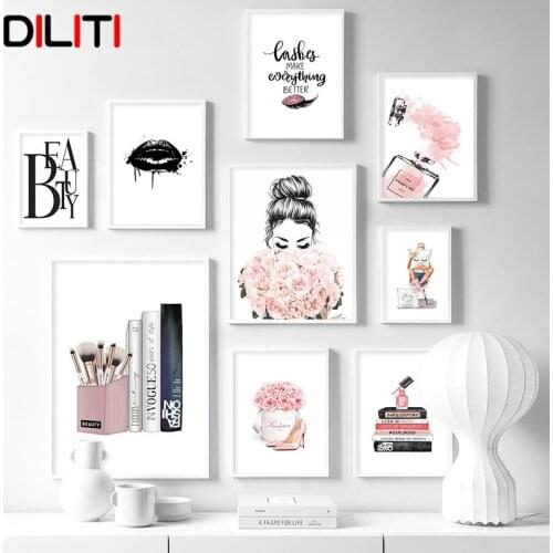Nordic Lashes Black Lips fashion makeup Wall Art pink rose Women Canvas Painting Poster Beauty Salon Print Picture Decor