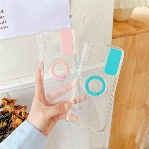 Slide Camera Lens Protection Phone Case For VIVO Y30 Y50 Y30i Soft TPU Shell Ring Stand Holder Protective Back Cover Capa Fundas