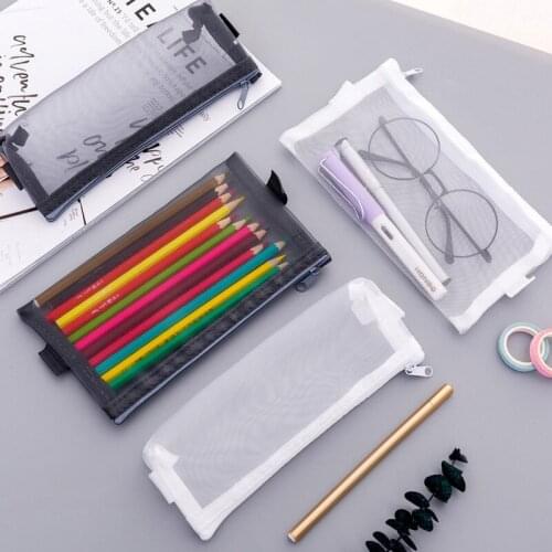 Pencil Bag Transparent Mesh School Pencil Case Large Capacity Nylon Pen Bag Case for Office Supplies Cute Stationery Kids Gift