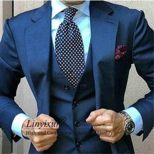 Navy Blue Men Suits for Wedding 3 Pieces Business Suit Blazer Peaked Lapel Costume Homme Terno Party Suits(jacket+pant+vest)