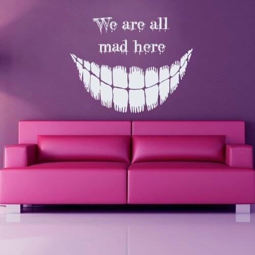 Alice In Wonderland Quote Cat Wall Sticker We Are All Mad Here Art Mural Vinyl Halloween Decals A985