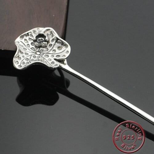 Amxiu Vintage Antique Silver Hair Sticks 925 Sterling Silver Handmade Jewelry Lotus Flower Hairpins Women Long Hair Accessories