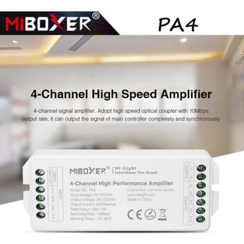 Miboxer PA4 4-Channel High Speed Performance LED Strip Amplifier RGBW LED Amplifier Controller 12V-24V Strong Compatibility