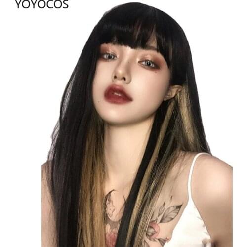 YOYOCOS Long Straight Gray Black Gradient Color Ladies Wig Cosplay Sexy Cute 68 CM Hair Heat-resistant Synthetic Wig Halloween
