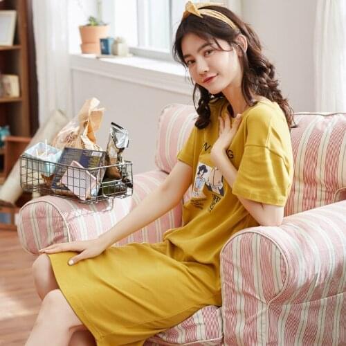 Women 2019 new nightdress female summer cotton short sleeve Korean loose cartoon thin knitted student pajamas women sleepshirts