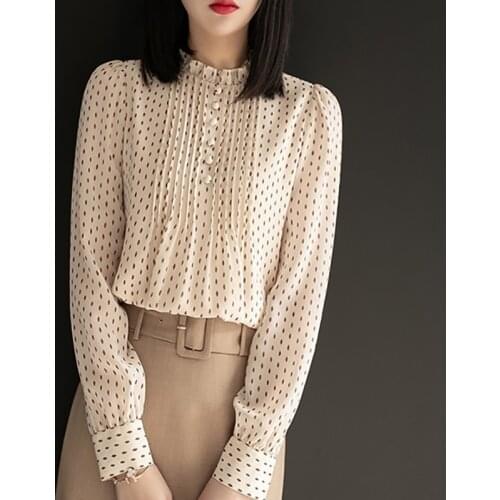 Women Spring Summer Style Chiffon Blouses Shirts Lady Casual Stand Colloar Striped Printed Long Sleeve Chiffon Blusas Top ZZ1121