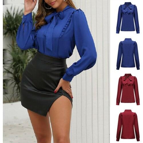 Ladies Women Solid Color Tops Long Sleeved Shirts Ruffle Bowknot Casual Blouses