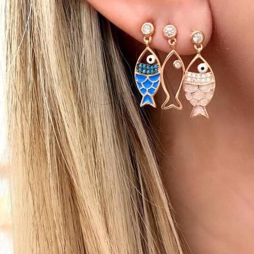 3pcs/sets New Arrival Stud Earrings Gold Color Hollow Blue Pink Lovely Fish Shape Jewelry Girl Women Birthday Gift