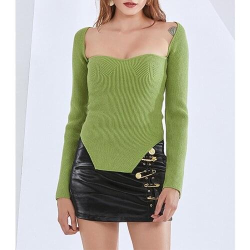Sexy Knit Sweater Low Waist Jersey Pullover 2020 Autumn Women Curved Hem Side Slit Square Collar Sweater Vintage Green Top