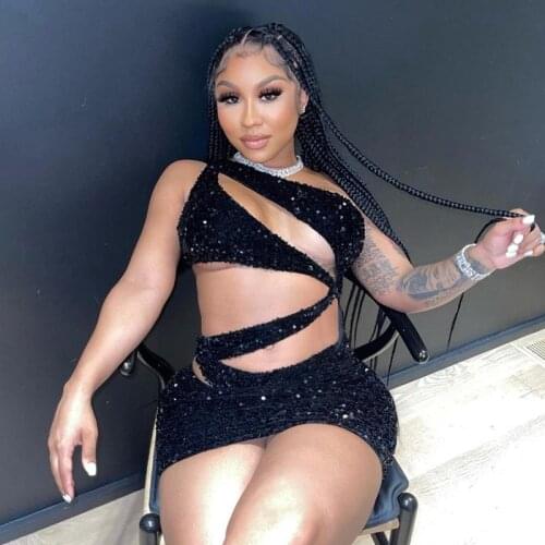 Women Sexy Shinny Cut Out Sequined Mini Dress Slant Shoulder Casual Bodycon Dresses 2021 Summer Nightclub Party Y2K Clothes