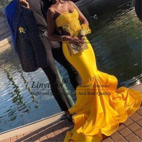 New Yellow Long Mermaid Prom Dresses 2020 New Applique Black Girl Sweep Strain Sleeveless Long Evening Dress Sexy Prom Gowns