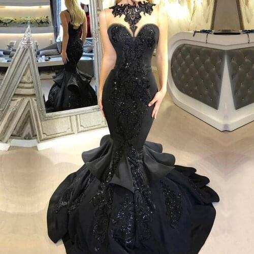 Vestidos Formales Elegant Mermaid Evening Dress 2020 Lace Appliques Beaded Formal Prom Party Gowns Custom Made Black Dresses