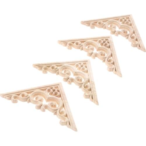 4pcs Wood Flower Carved Decal Corner Onlay Applique Frame Door Furniture Wall Unpainted For Home Door Decor 11cm Triangle