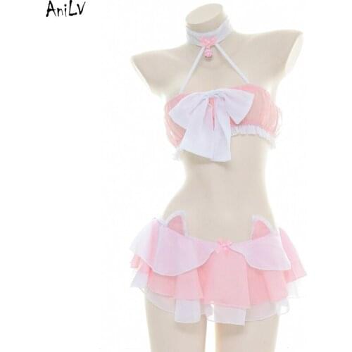 AniLV Anime Lolita Girl Pink Cat Chiffon Swimsuit Costume Halter Bell Bow Swimwear Skirt Uniform Set Pool Party Cosplay