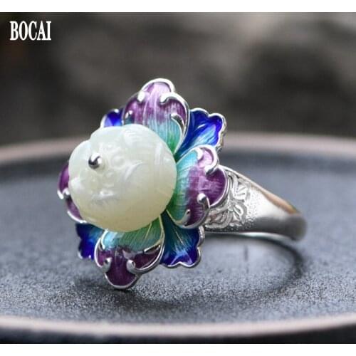 BOCAI New Real S925 Pure silver jewelry woman ring vintage cloisonne enamel peony flower natural jade ring for women