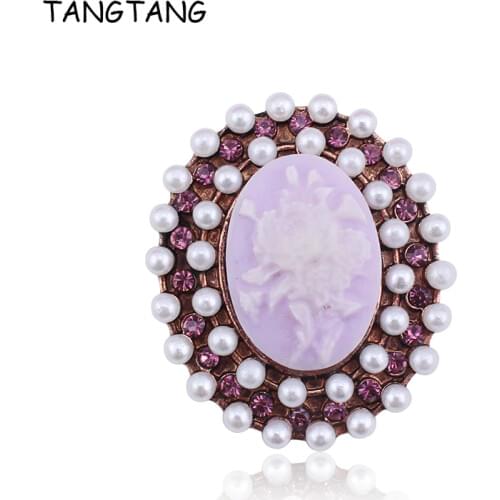 TANGTANG Cameo Brooch For Women Unique Jewelry Brooch Red Bronze Plated Purple Flower Brooch Pin Charm Pearl Brooches Beautiful