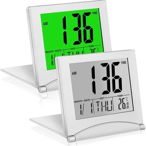 Digital Travel Alarm Clock, Travel Alarm Clock with Backlight, Foldable Calendar and Temperature and Timer LCD Clock