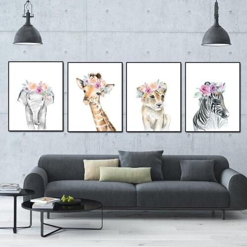 Baby Animal with Pink Flower Elephant Lion Wall Art Nordic Posters and Prints Canvas Painting Wall Pictures for Kids Room Decor