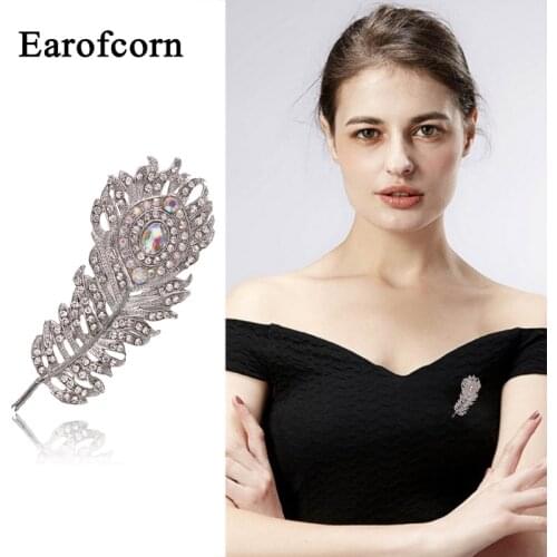 Earofcorn New 2019 Feather Brooches for Women Elegant Coat Suit Accessories Copper Pin High Quality Luxury Corsage