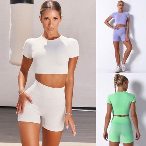 Summer Seamless 2PCS Yoga Set Womens Gym Clothing Athletic Fitness Crop Top Booty Shorts Active Wear Workout Sport Suit