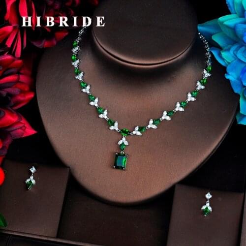 HIBRIDE Elegant Design Green Cubic Zircon Jewelry Sets For Women Necklace Set Fashion Dress Accessories Engagement Gift N-516