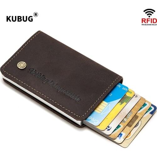 KUBUG Genuine Leather Wallet Slim Rfid Blocking Protection ID Credit Card Holder Men Metal Aluminum Automatic Business Purse