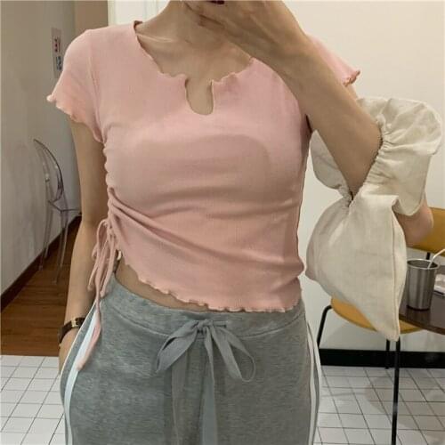 Summer niche fungus side scheming side pleated lace short V-neck exposed navel slim knit T-shirt
