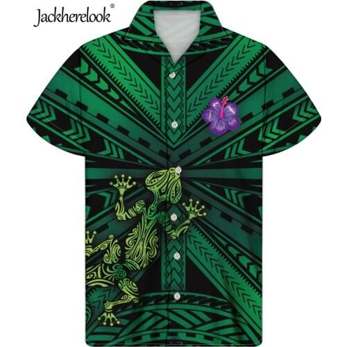 Jackherelook Plus Size Short Sleeve Shirt Green Hawaiian Samoan Polynesian Tribal Gecko Print Summer Hawaiian Men Shirts Tops