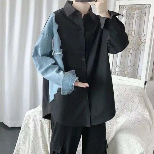 2021 Autumn Denim Splicing Long Sleeve Shirt Mens Korean Personality Trend Handsome BF Harajuku Style Shirt Coat
