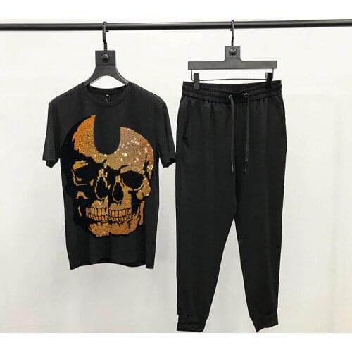Male Tracksuit Exaggerated Gold Skull M-5XL Luxury T-Shirt + Pants 2 Pieces Brand European Top Short-Sleeved Diamond Sets Men