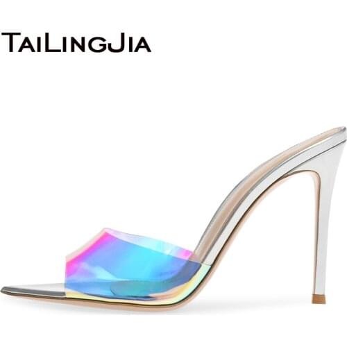 Transparent PVC High Heel Mules Sandals 2020 Stylish Stiletto Heeled Clear Shoes Lady Pointed Toe Large Size Slipper Sandal Shoe