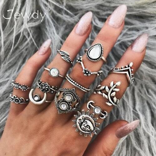 14 PCS/Set Bohemia Opal Midi Ring Set Silver Color Sun Flower Rose Heart Crown Carved Midi Rings Knuckle Anillos Mujer Jewelry