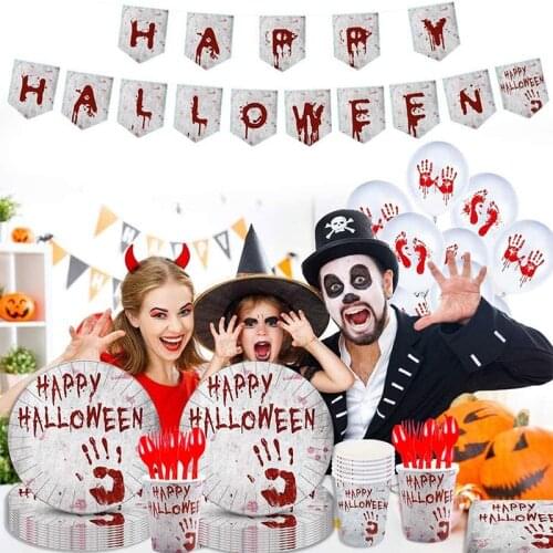 Blood Handprint Halloween Tableware Set Creepy Horrific Paper Cups Plates Tablecloth Bunting