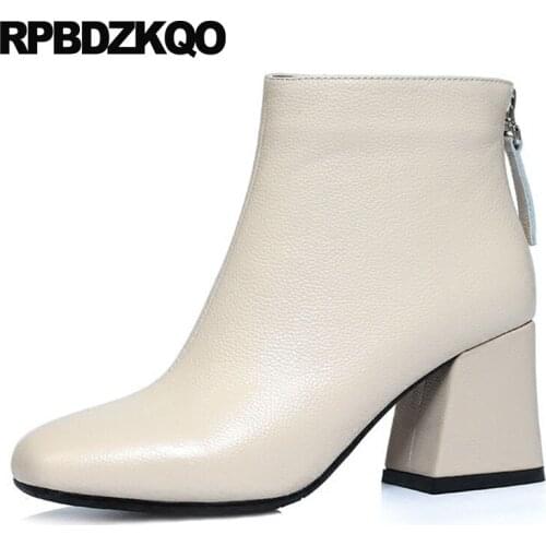 Autumn Plus Size Fur Winter Shoes Vintage Booties Fall Big High Heel Genuine Leather Square Toe Chunky Women Ankle Boots Medium