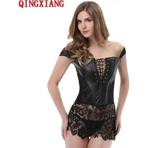 Plus Size PVC Sexy Lingerie Women Black Red Faux Leather Lace Steampunk Corset Dress Gothic Hollow Out Back Zipper Bustier
