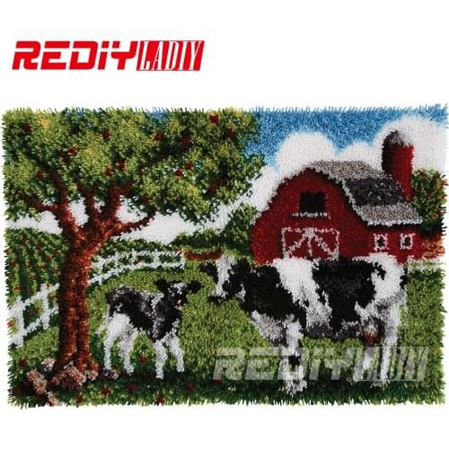 REDIY LADIY Latch Hook Rug Unfinished Yarn Embroidery Crocheting Cushion Wall Tapestry Floor Mat Farm Cow Carpet Rug 110x73cm