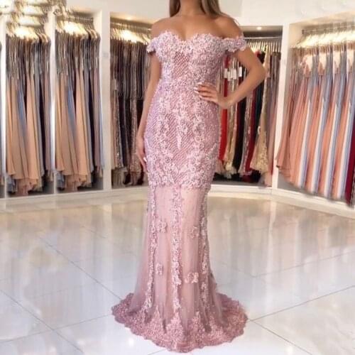 Pink Muslim Evening Dresses Mermaid Off The Shoulder Lace Pearls Long Islamic Dubai Saudi Arabic Long Formal Evening Gown