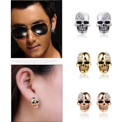 Fashion Unisexs Rhinestone Rock Punk Skull Heads Crystal Stud Earrings For Women Men Earrings Hiphop Jewelry