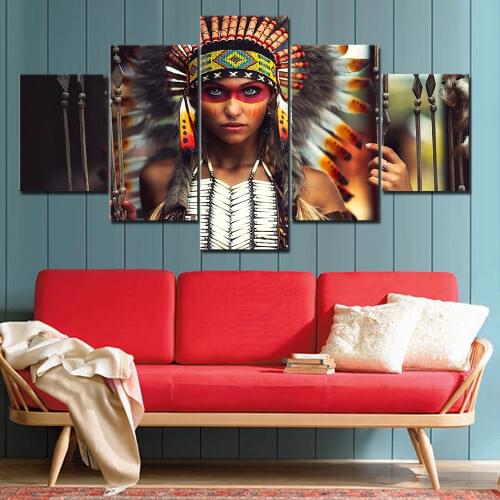 Modern Frames For Painting Modular Cheap Pictures 5 Panel Indian Feather Girl Wall Art For Living Room Home Decor Artwork Canvas