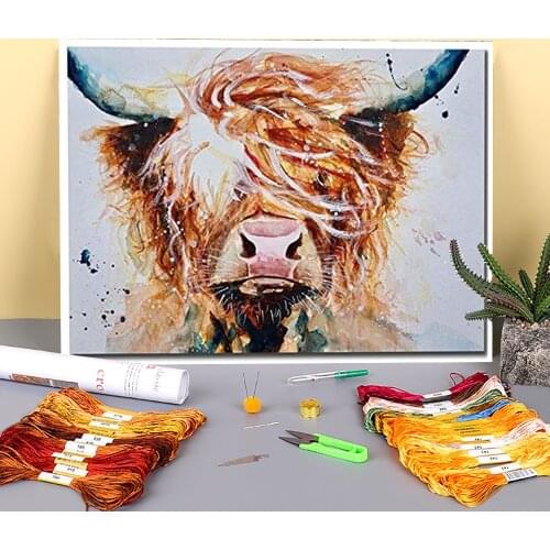 Animal Cow Printed Water-Soluble Canvas 11CT Cross Stitch Embroidery Complete Kit DMC Threads Craft Sewing Painting Stamped