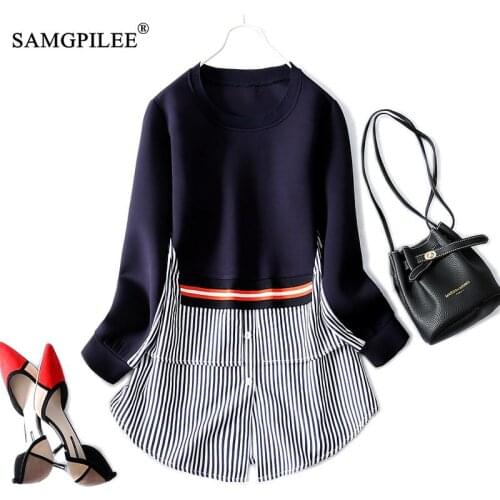 Long Sleeve Shirt Women 2021 Korean Style Space Cotton Patchwork Hem Striped Fake Two Piece Oversized T Shirts Womens