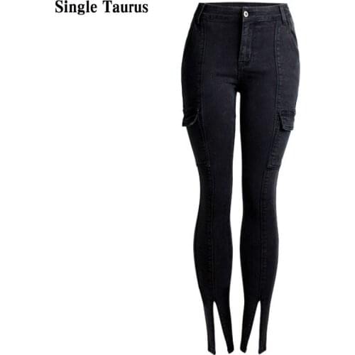 Womans Jeans Side Stripe Pockets Denim Pants Women Office Lady Elegant High Waist Slim Leg Opening Split Skinny Vaqueros Mujer