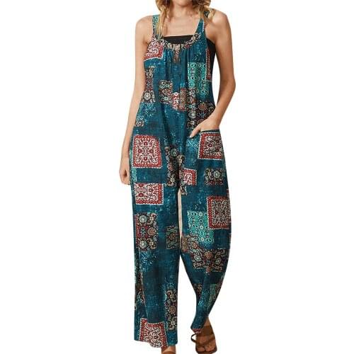 Women Printed Sleeveless Boho Jumpsuits Long Romper Retro Style Loose Fit O-neck Jumpsuit Pocket Casual Baggy Overall Pants